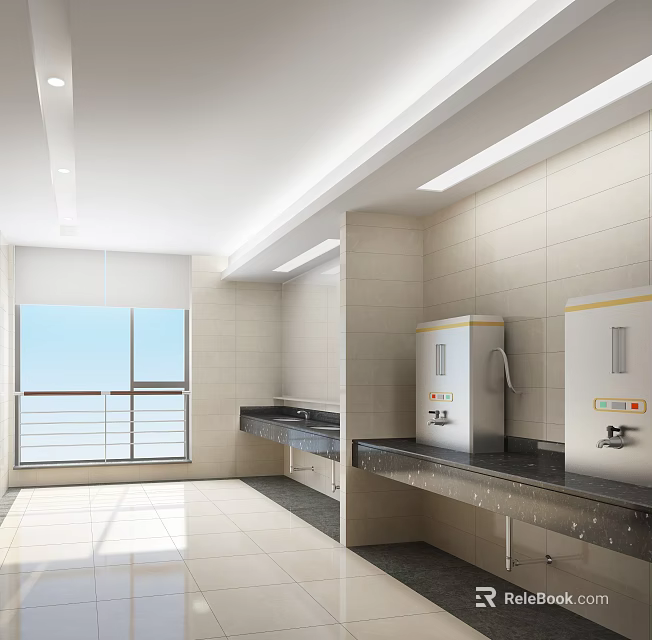 Modern Public Toilet Interior With Clean Tile Walls Wash Basins And Bright Window 3d model 