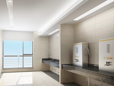 Modern Public Toilet Interior With Clean Tile Walls Wash Basins And Bright Window 3d model