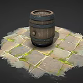 Wooden Barrel With Metal Hoops Round Lid On Stone Tiled Floor With Moss