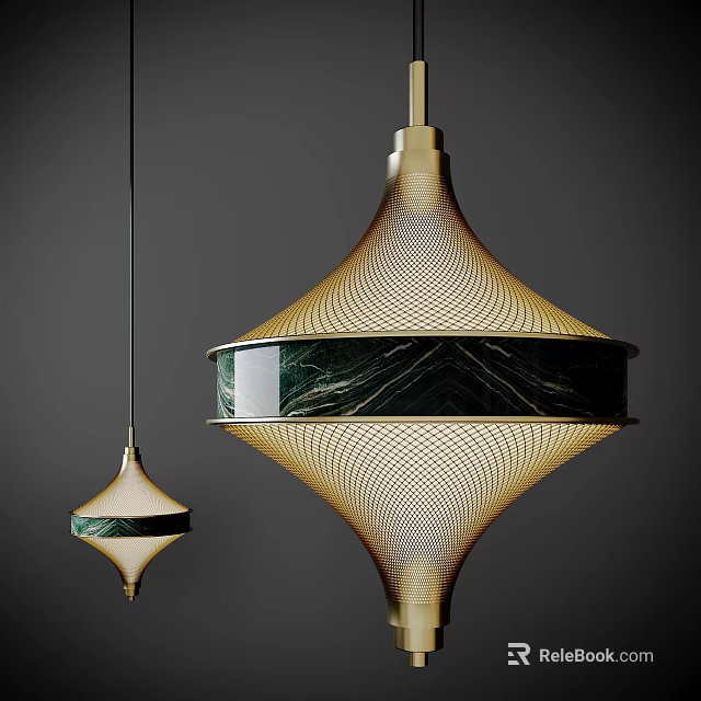 Modern Elegant Dual Pendant Lights With Gold Metal Mesh Design And Green Marble Accent 3d model 