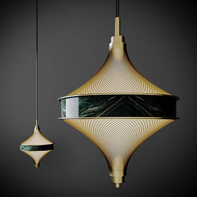 Modern Elegant Dual Pendant Lights With Gold Metal Mesh Design And Green Marble Accent 3d model