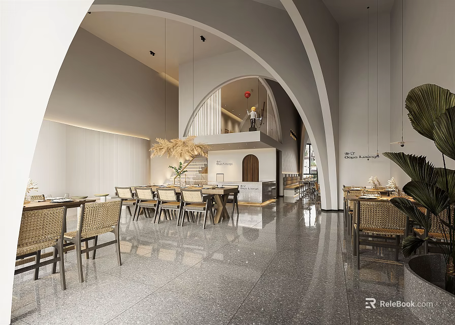 Modern Restaurant Interior Design With Archway Structure Pendant Lights Wooden Tables And Green Plants 3d model 