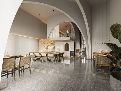 Modern Restaurant Interior Design With Archway Structure Pendant Lights Wooden Tables And Green Plants 3d model
