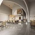 Modern Restaurant Interior Design With Archway Structure Pendant Lights Wooden Tables And Green Plants