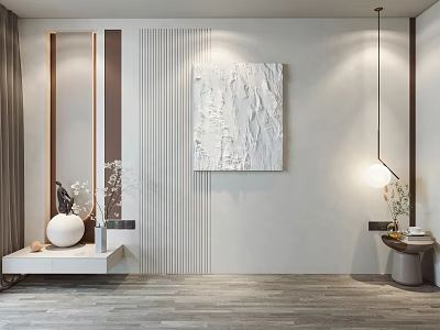 Modern Bedroom Accent Wall Design With Abstract Artwork Textured Surface Pendant Light And Decorative Vase 3d model