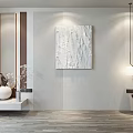 Modern Bedroom Accent Wall Design With Abstract Artwork Textured Surface Pendant Light And Decorative Vase