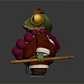 Cartoon Green Frog Character With Hat Number 6 On Forehead Pink Beads Gourd And Staff