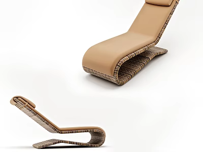 Modern Beige Wicker Lounge Chair With Curved Frame And Comfortable Cushion Backrest 3d model