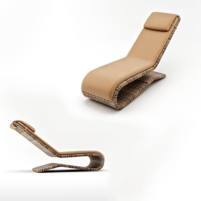 Modern Beige Wicker Lounge Chair With Curved Frame And Comfortable Cushion Backrest 3d model
