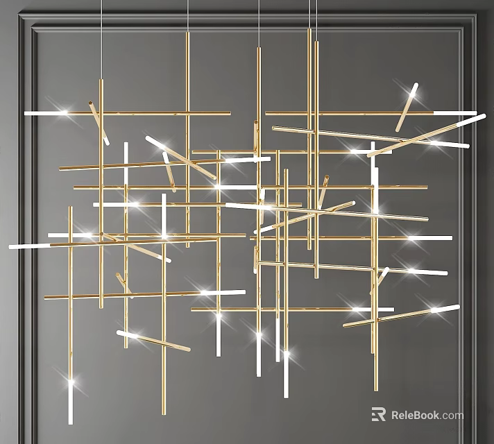 Modern Gold White Metal Chandelier with Geometric Lines Illuminated Design 3d model 