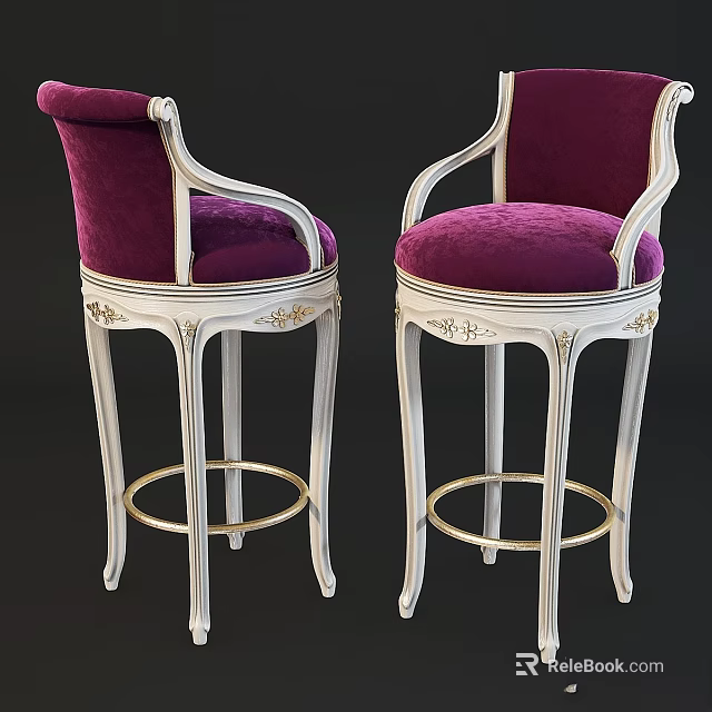 Stylish Single Chair Featuring Purple Velvet Seat and White Ornate High Leg Frame with Armrests 3d model 