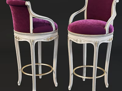 Stylish Single Chair Featuring Purple Velvet Seat and White Ornate High Leg Frame with Armrests 3d model
