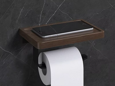 Wall Mounted Wooden Toilet Paper Holder Shelf with Mobile Phone on Dark Marble Wall 3d model