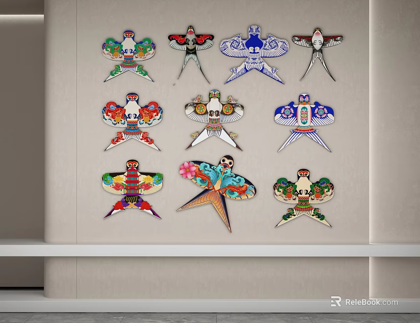 Colorful Kite Shaped Wall Decor With Various Patterns And Designs For Home 3d model