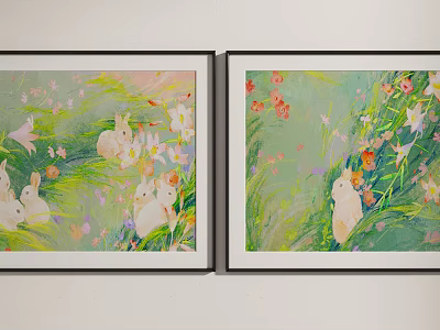 Two Framed Wall Paintings With Bunnies Flowers And Pastel Colors 3d model