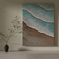 Abstract Wave Texture Canvas Art With Green Plant And Ceramic Vase 3d model