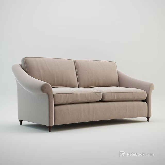 Beige Upholstered Two Seater Sofa With Curved Armrests And Dark Wooden Legs 3d model 