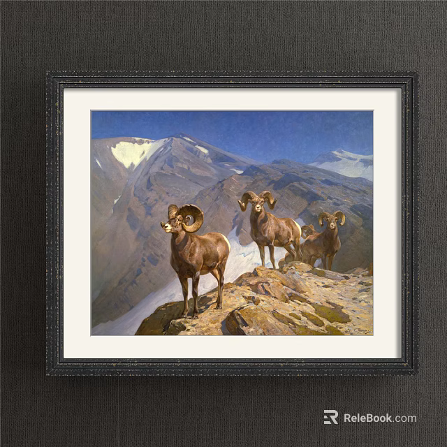 Mountain Landscape Painting With Three Rams On Rocky Cliff And Snow Capped Peaks 3d model 