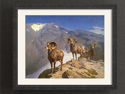Mountain Landscape Painting With Three Rams On Rocky Cliff And Snow Capped Peaks 3d model
