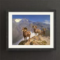 Mountain Landscape Painting With Three Rams On Rocky Cliff And Snow Capped Peaks