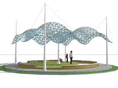 Tensile Membrane Wave Design Outdoor Structure With Support Columns And People Standing Nearby 3d model