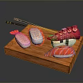 Fresh Assorted Sushi Pieces on Wooden Tray with Black Chopsticks and Colorful Toppings