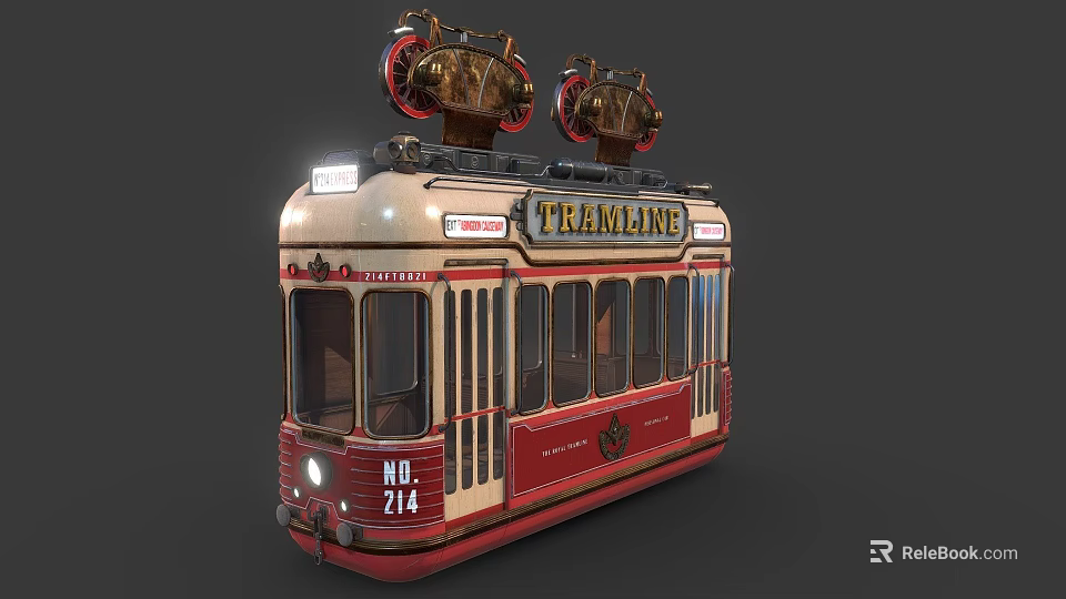 Vintage Red and Cream Tram with No 214 Number Dual Top Bells and Tramline Sign 3d model 