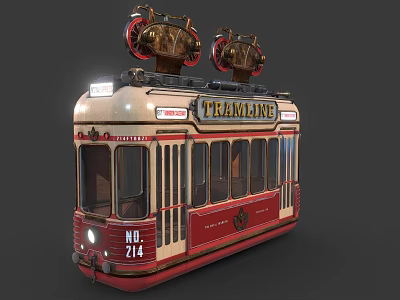 Vintage Red and Cream Tram with No 214 Number Dual Top Bells and Tramline Sign 3d model