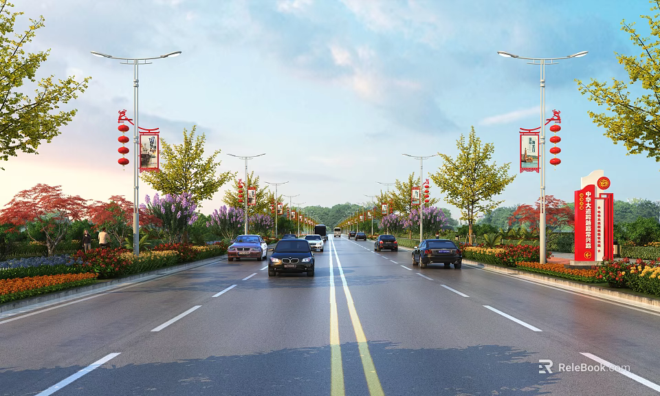 Urban Road Facilities With Street Lamps Trees Flower Beds Traffic Lanes And Vehicles 3d model 