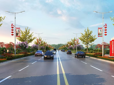 Urban Road Facilities With Street Lamps Trees Flower Beds Traffic Lanes And Vehicles 3d model