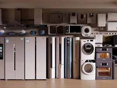Home Appliances Showroom Display Featuring Refrigerators Washing Machines Microwaves And Cabinets 3d model