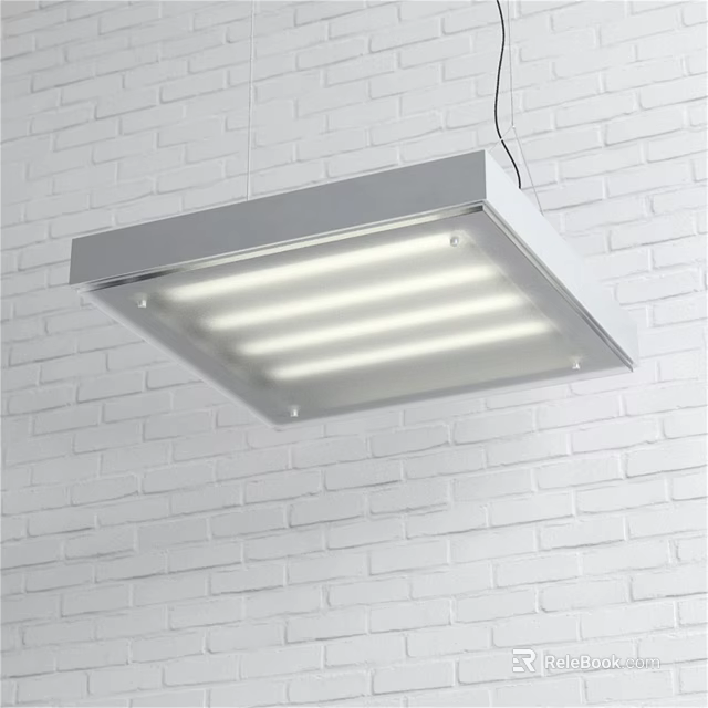 Modern Square Pendant Light With Striped Lighting Against White Brick Wall 3d model 