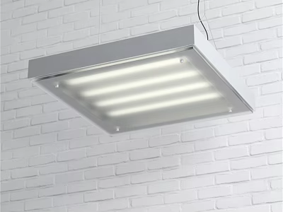 Modern Square Pendant Light With Striped Lighting Against White Brick Wall 3d model
