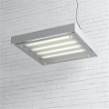 Modern Square Pendant Light With Striped Lighting Against White Brick Wall