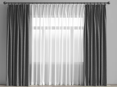 Gray Window Curtains With White Sheer Layers Hanging On Curtain Rod 3d model