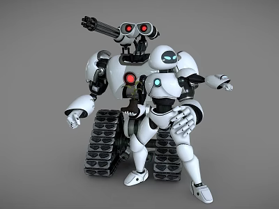 Electric Toy Robot Figures With Tracked Base Cannon Arm Red Blue Eyes And Interactive Pose 3d model