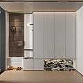 Modern Elegant Entryway Shoe Cabinet With Hanging Area Soft Light And Storage Bench Design