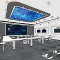 Modern Monitoring Room Interior With Large Screen Data Charts Control Console And Chairs