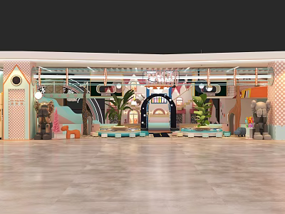 Modern Vibrant Indoor Playground With Colorful Arches Green Plants And Seating Benches 3d model