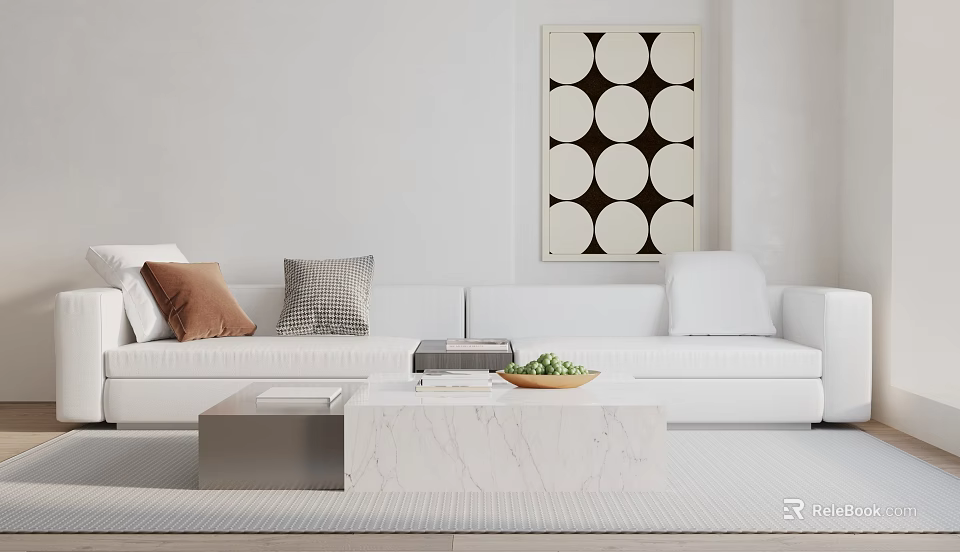 White Two Seater Sofa With Throw Pillows And Marble Coffee Table Near Wall Art In Living Room 3d model 