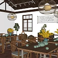 Traditional Restaurant Interior With Wooden Tables Chairs Green Vases Yellow Flowers Hanging Lamps And Calligraphy Scroll