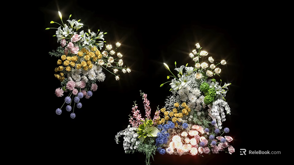 Vibrant Mixed Plant Arrangement With Pink Yellow White Purple Flowers And Green Foliage 3d model 