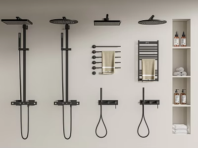 Modern Black Bathroom Ensemble With Shower Heads Handheld Showers Towel Racks And Shelves 3d model