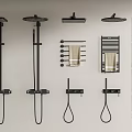 Modern Black Bathroom Ensemble With Shower Heads Handheld Showers Towel Racks And Shelves