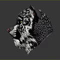 Snow Leopard Head Artistic Design With Yellow Eyes Pink Nose And Black White Spots