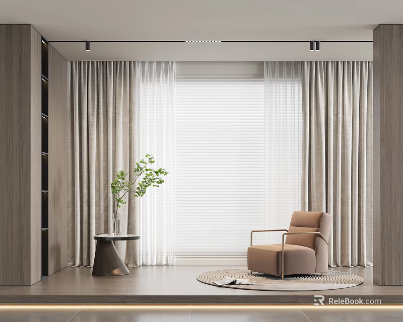 Elegant Modern Curtains With White Blind In Living Room Interior Design With Armchair And Plant 3d model 