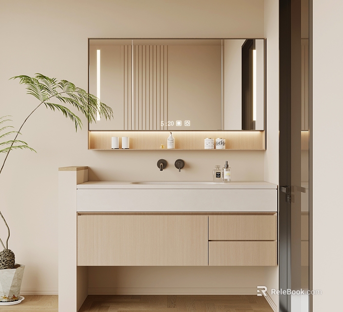 Modern Bathroom Vanity With Lighted Mirror Wooden Cabinet Green Plant And Toiletries On Countertop 3d model 