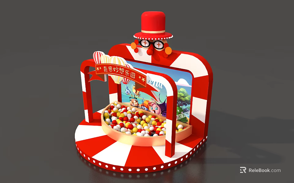 Red Hat Themed Display Stand With Colorful Balls And Striped Design Elements 3d model 