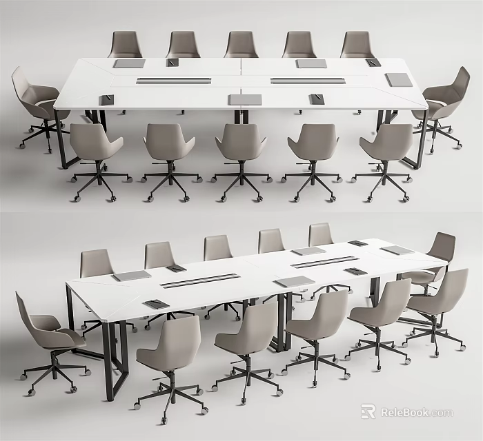 Modern White Conference Table With Grey Wheeled Chairs For Meeting Room 3d model 