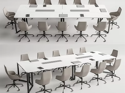 Modern White Conference Table With Grey Wheeled Chairs For Meeting Room 3d model